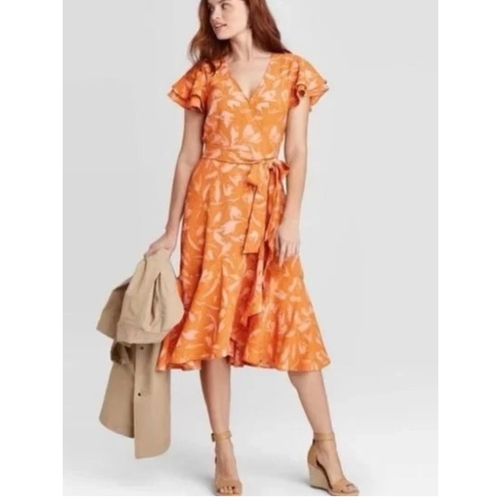 A New Day Orange Floral Ruffle Flutter Sleeve Wrap Midi Dress Sz XL cottagecore